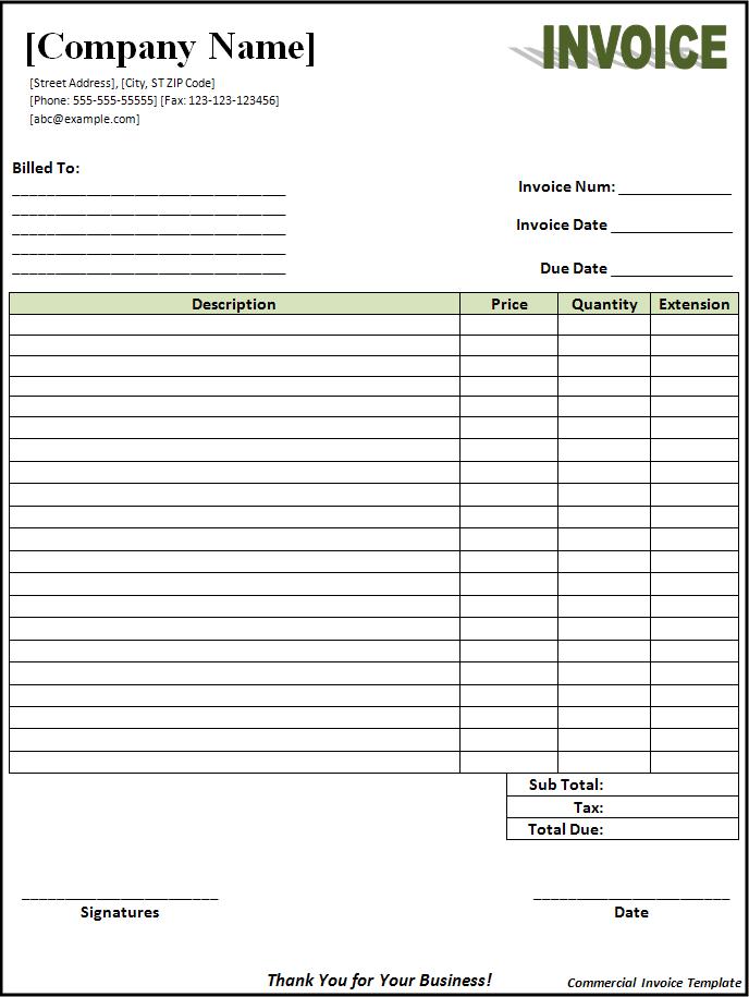 export invoice format in word