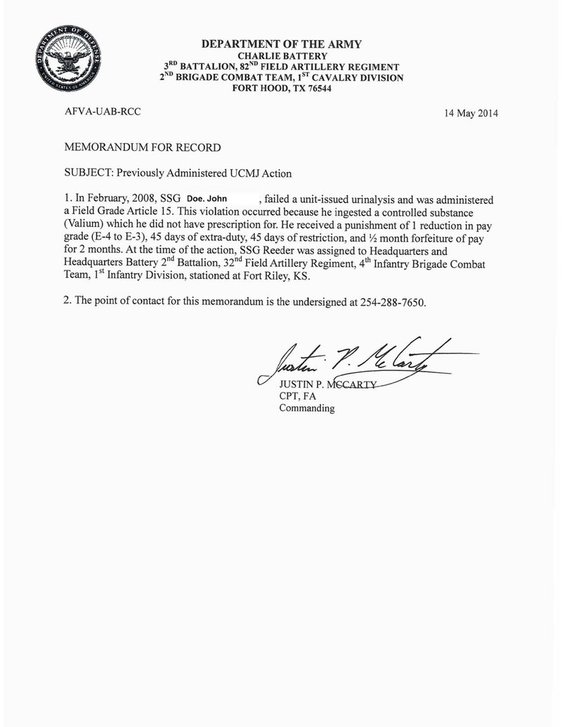 does anyone have an example of the ucmj memo for the example of memo