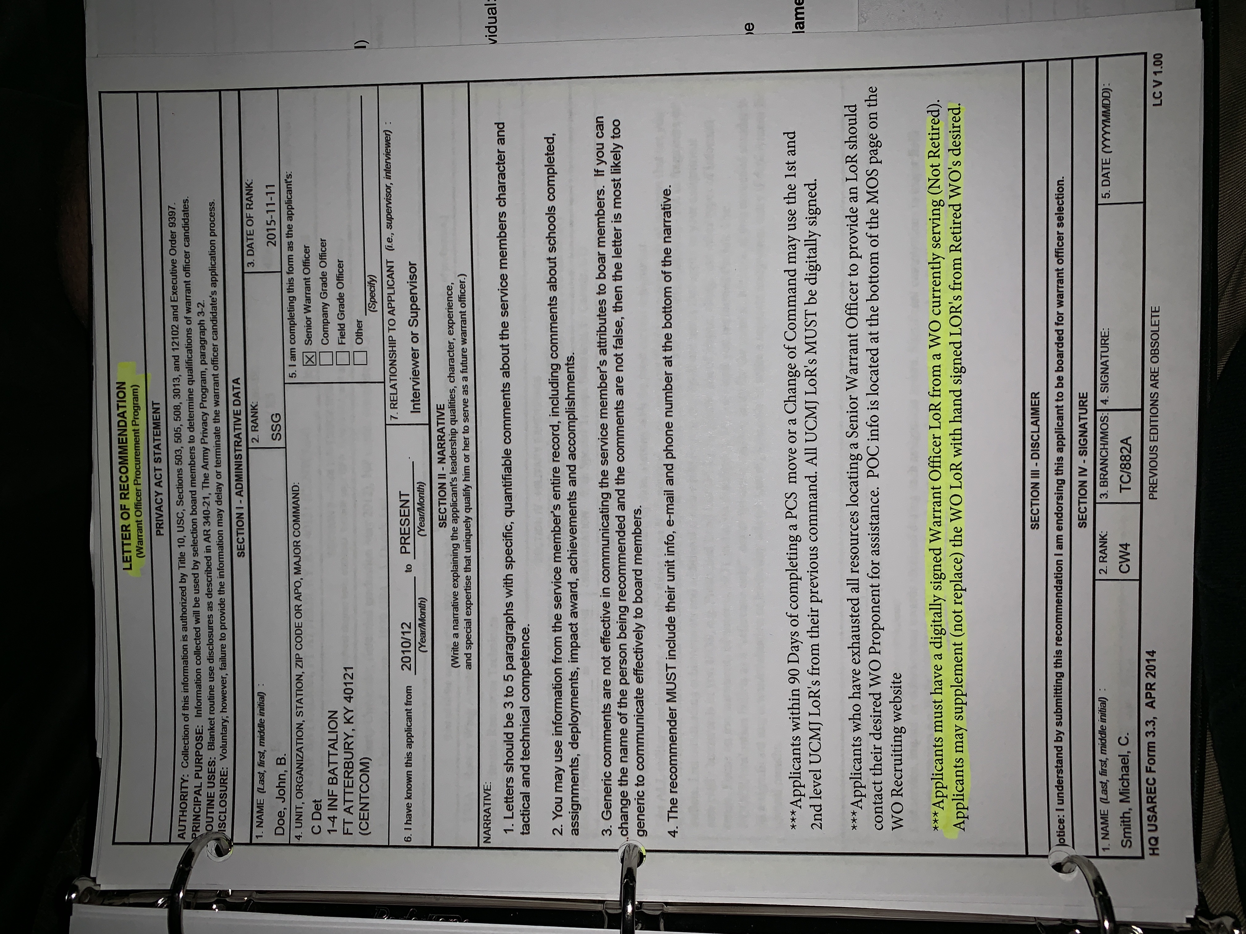 is there a preferred format for a woft lor rallypoint warrant officer recommendation letter